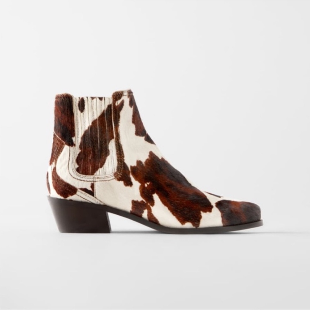 Zara Brown and White Cow-Print Ankle Booties